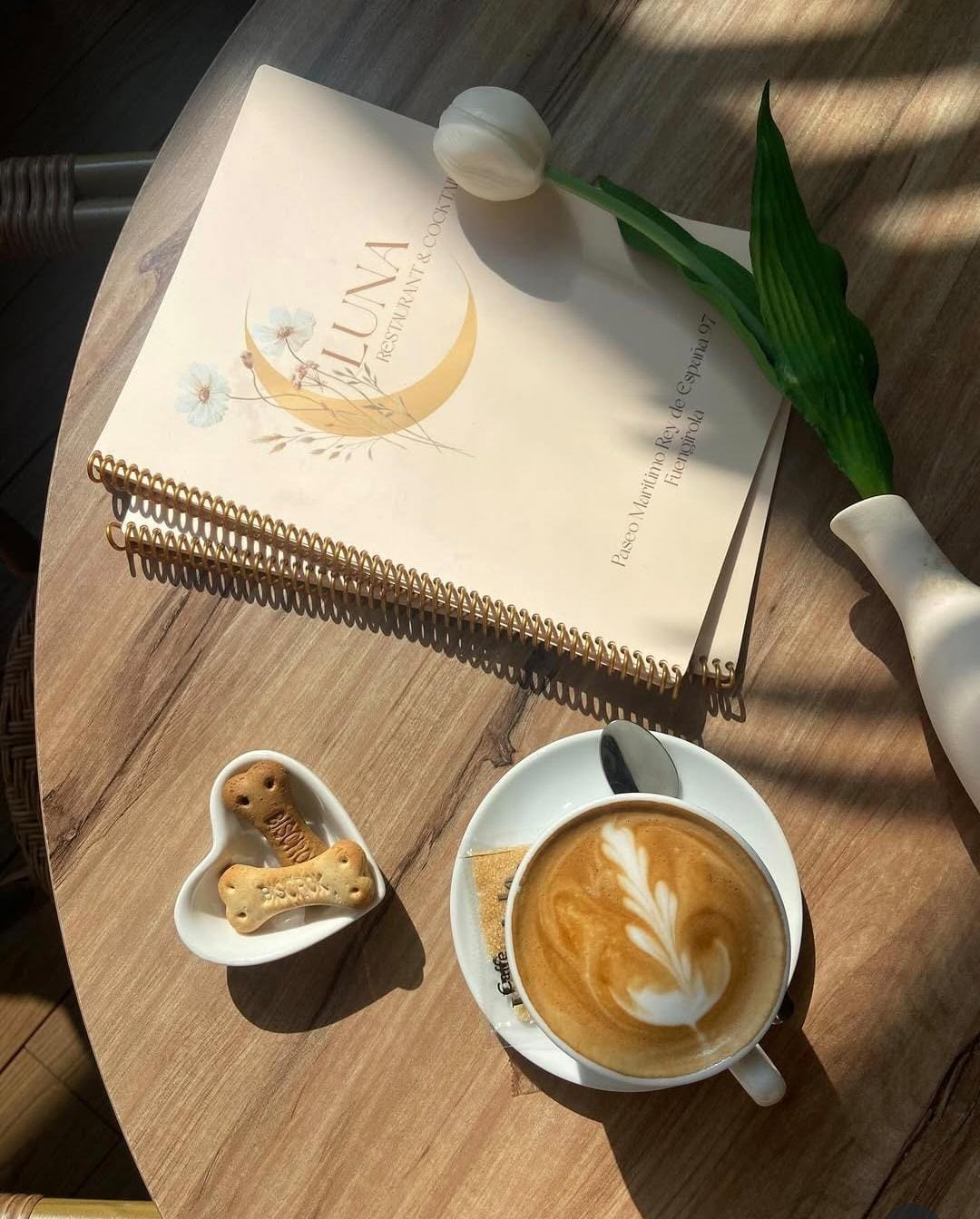 A sunlit table at Luna with a coffee, the Luna menu and a white tulip