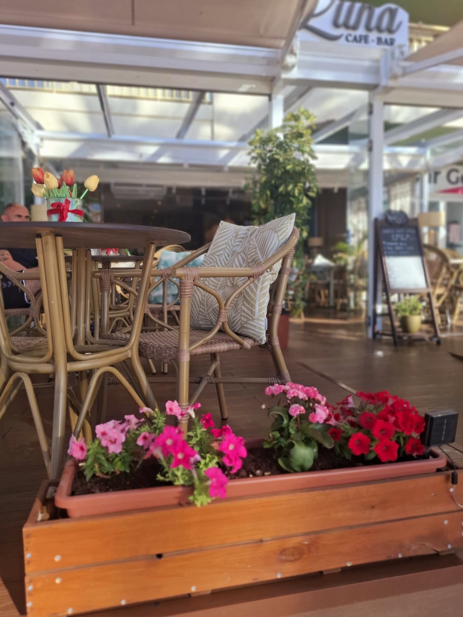 The Luna Café-Bar sign above rattan chairs and flowers